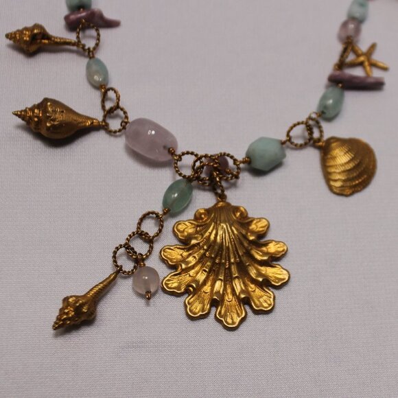 "DB" Gemstone and Gold Tone Shells Link Necklace - Picture 5 of 11